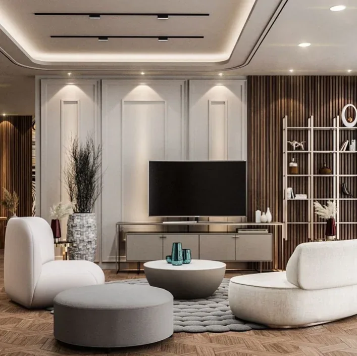 Interior visualization showing kitchen planning and material direction